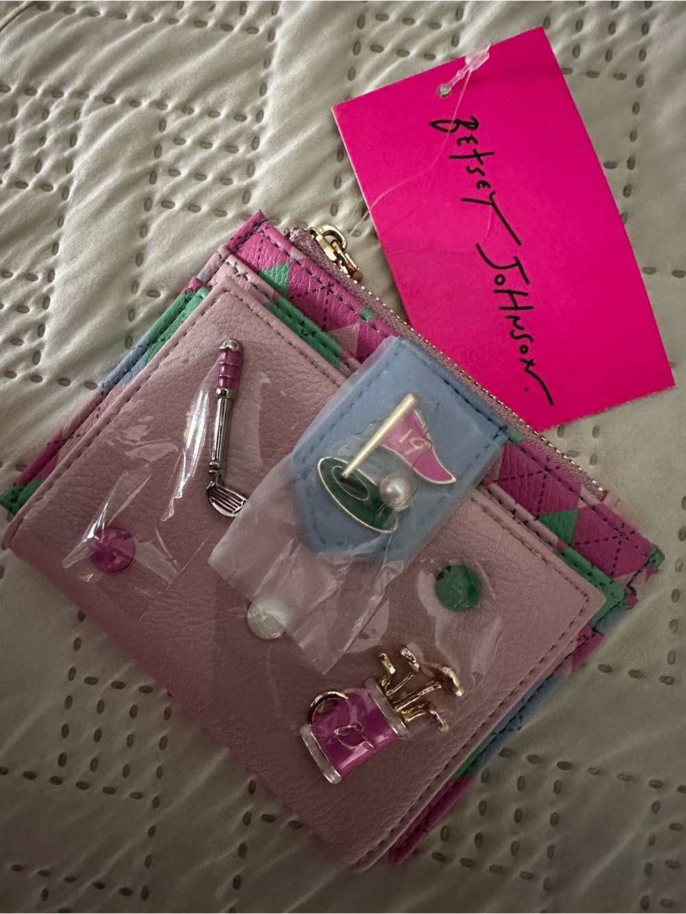 Betsey Johnson Pastel Argyle Card Case in Pink, Green & Blue